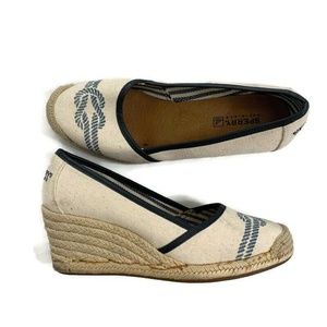 Sperry Top Sider Sz 7.5 Tan Blue Wedge Heels